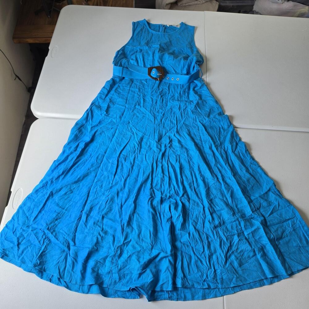 Diane Von Furstenberg Dress Womens L Blue Linen Blend Belted Maxi Sundress